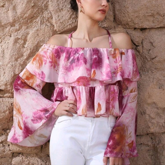 Elegant French Floral Print Ruffle Trim Loose Fit Asymmetric Neck Long - Picture 4 of 4